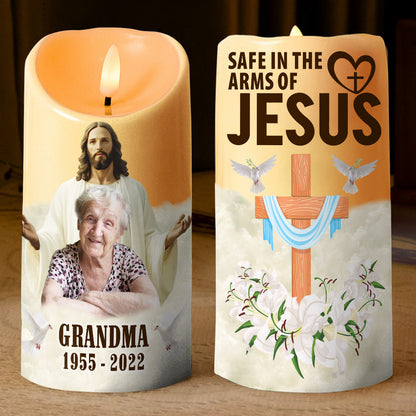 Teesdily | Customized Safe In The Arms Of Jesus LED Candle, Christmas Memorial LED Candle No Battery, Christ Cross Religious Gift