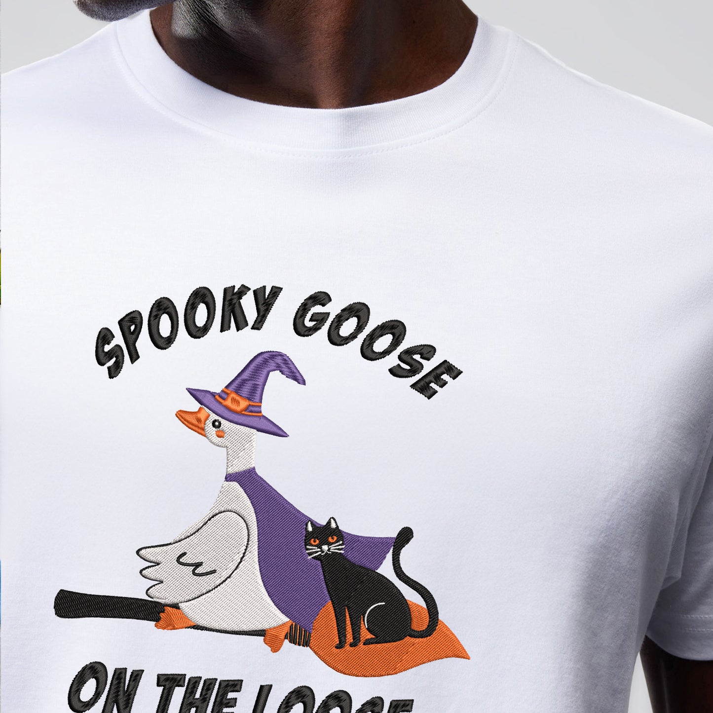 Teesdily | Halloween Witch Goose Embroidered Shirt, Spooky Goose On The Loose Sweatshirt Embroidery, Funny Goose And Black Cat Halloween Shirt Gift