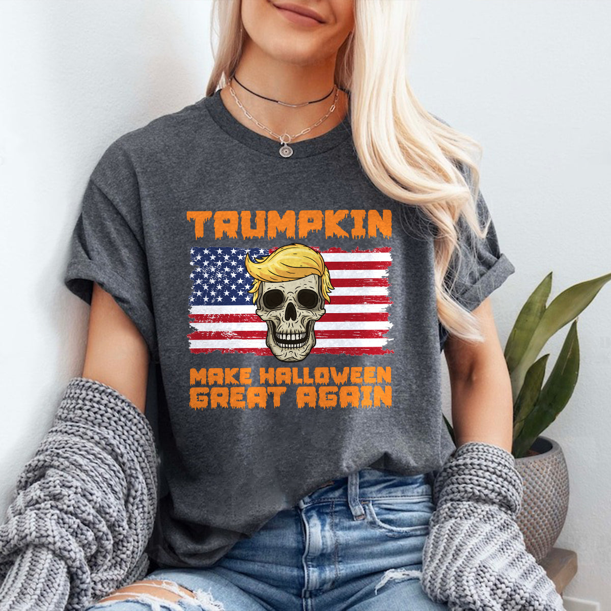 Teesdily | Skull Halloween Shirt, Trumpkin Make Halloween Great Again Sweatshirt Hoodie Mug, Spooky Season T-shirt, Funny Pumpkin Fall Holiday Gift