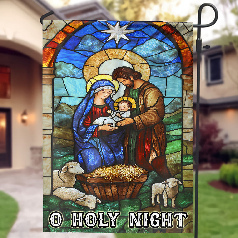 Teesdily | Christmas Jesus Nativity O Holy Night Garden Flag, Christian Christmas Scene Stained Glass Print House Flag Decor Yard