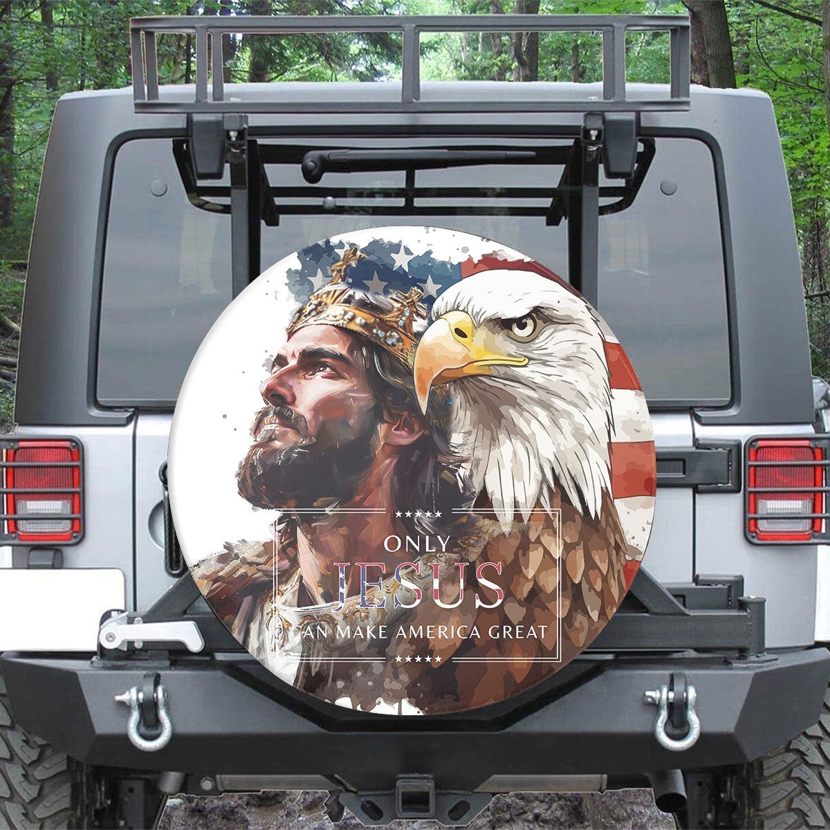 Teesdily | Jesus Eagle Spare Tire Cover, Jesus Christ Usa Flag Wheel Cover, Jesus Make America Great Wheel Cover, God Faith Spare Tire Cover 27"-34"