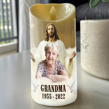 Teesdily | Customized Safe In The Arms Of Jesus LED Candle, Christmas Memorial LED Candle No Battery, Christ Cross Religious Gift