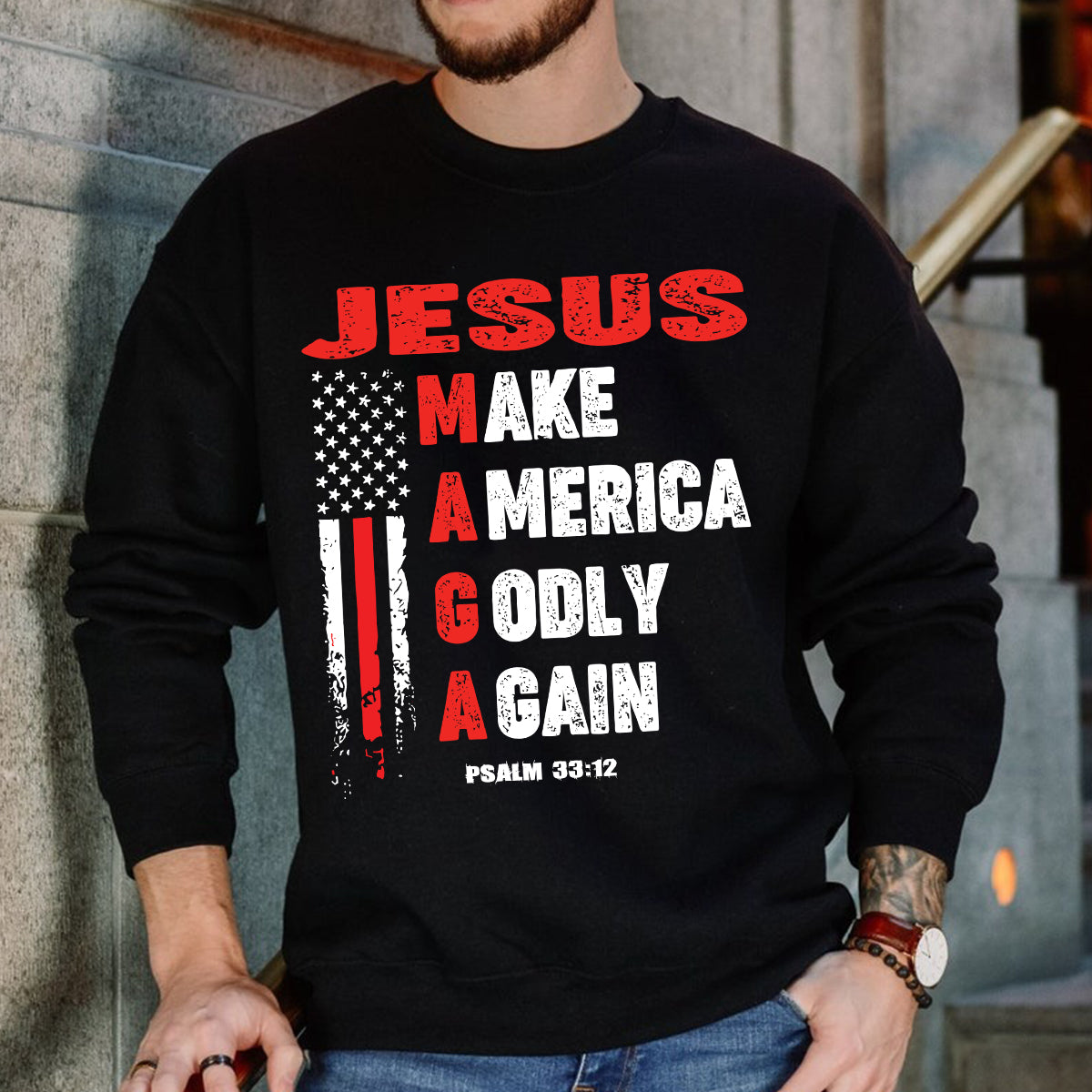 Teesdily | Jesus American Flag Shirt, Jesus Make America Godly Again Tee Sweatshirt Hoodie Mug, Jesus Lovers Tee Gifts, Patriotic Shirt