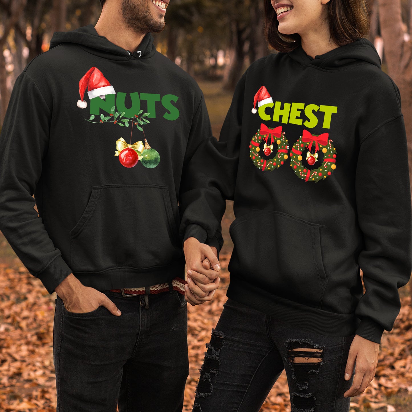 Teesdily | Chest Nuts Matching Christmas Shirt, Funny Couple Shirts, Christmas Couple Sweatshirt, Holiday Matching Family Gift