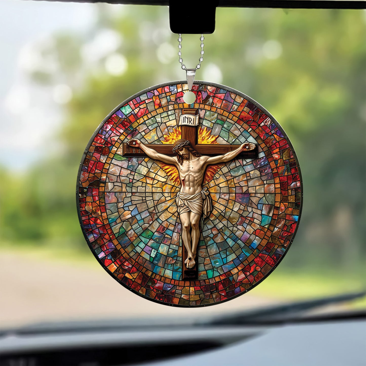 Teesdily | Jesus Crucifixion Ornament Car Hanging, Jesus Christ Cross Car Rear View Mirror, Church Religious Acrylic Ornament, King Jesus Lover Gift