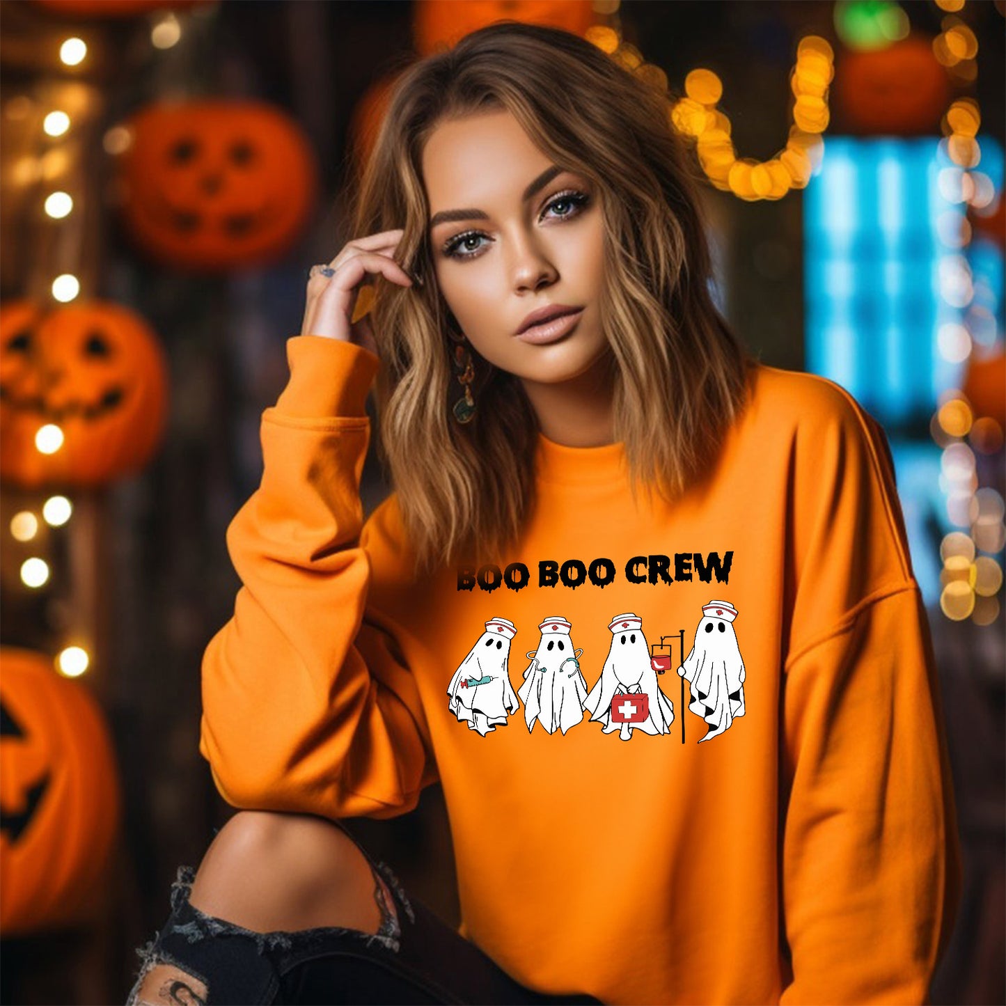 Teesdily | Funny Halloween Nurse T-shirt, Boo Boo Crew Cute Ghost Tee Sweatshirt Hoodie Mug, Halloween Nursing Gift, Cute Nurse Spooky Season Gifts