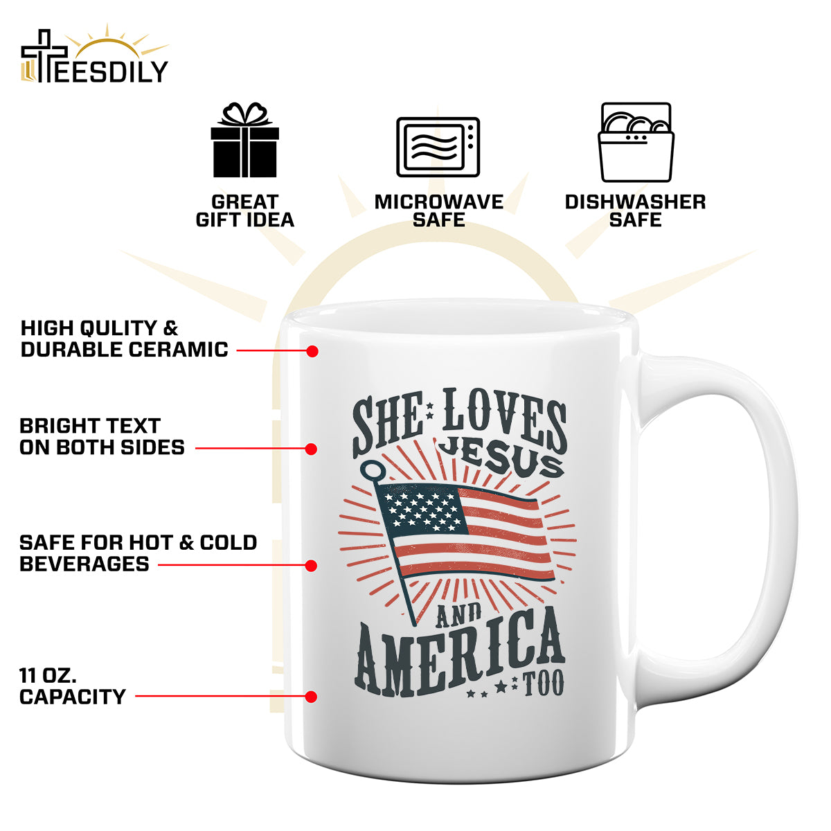 Teesdily | American Flag Tshirt, She Loves Jesus And America Too, Indepdence Day Sweatshirt Hoodie, Christian Gifts Mug