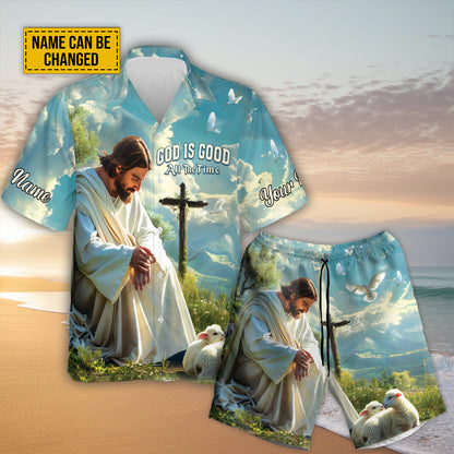 Teesdily | Customized Jesus And Lambs Hawaiian Shirt, God Is Good All The Time Hawaii Shirt, Lamb Of God Summer Aloha Set, Christ Religious Gifts