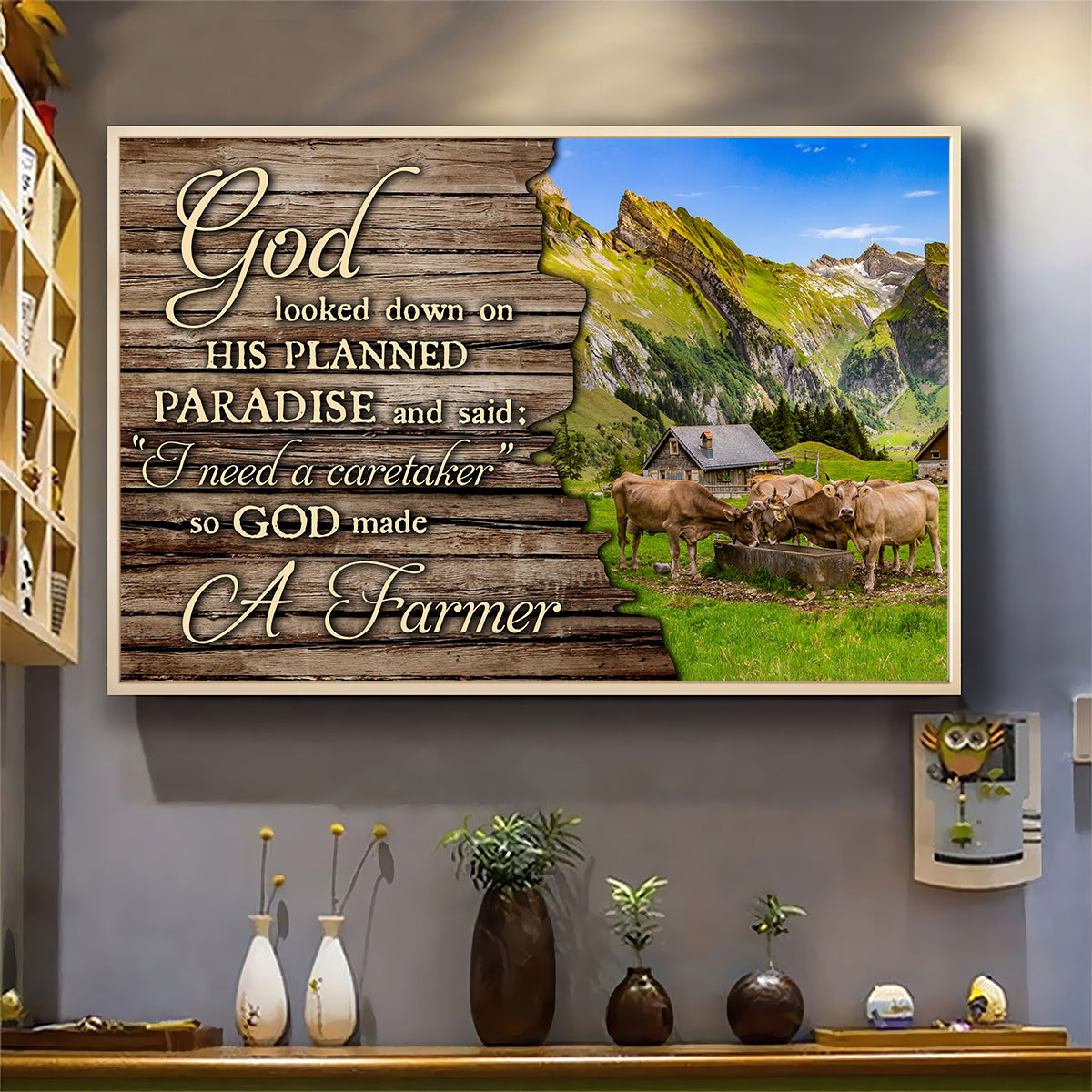 Teesdily | God Cow Farm Poster Canvas, So God Made A Farmer Wall Art Print, Wood Farmhouse Decor, Farmer Gifts, Christian Wall Decor