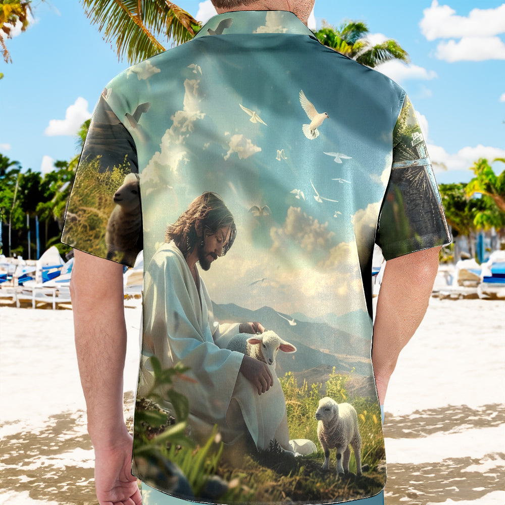 Teesdily | Jesus With Lambs Hawaiian Shirt, Give It To God And Go To Sleep Hawaii Set, Christian Art Bird Hawaii Outfit Summer, Beach Aloha Gift Men