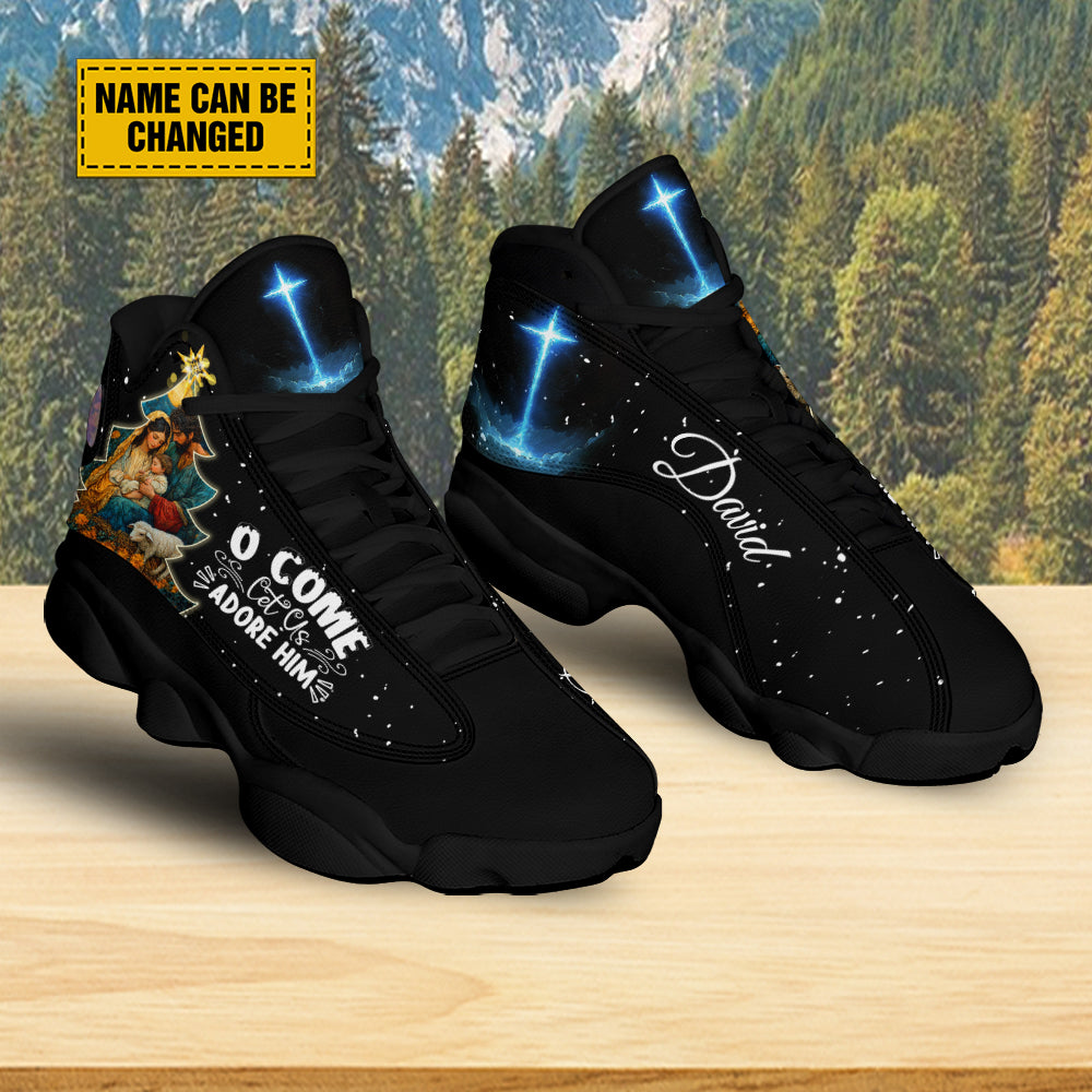 Teesdily | Customized Nativity Of Jesus Basketball Shoes, O Come Let Us Adore Him Holy Night Running Shoes, Faith Christmas Gift