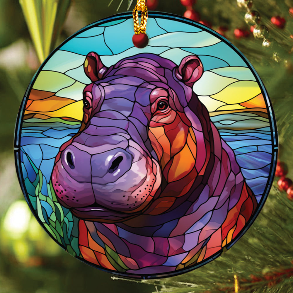 Teesdily | Stained Glass Art Hippo Ceramic Ornament, Hippopotamus Christmas Ornament, Xmas Gift Ornament, Cute Baby Hippo Gift