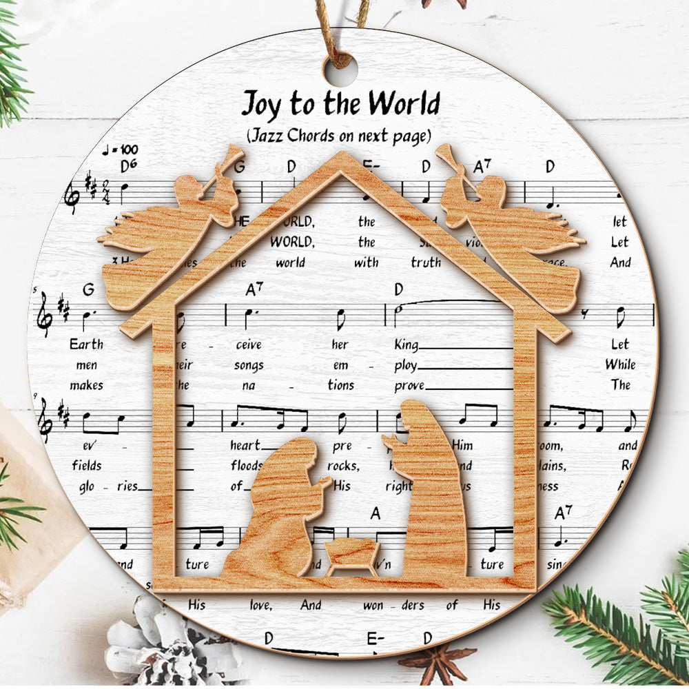 Teesdily | Jesus Nativity Scene Ornament, Music Sheet Nativity Christmas Ornament, Christ Birth 2 Layered Wood Ornament Xmas Gift