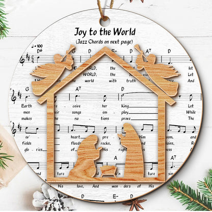 Teesdily | Jesus Nativity Scene Ornament, Music Sheet Nativity Christmas Ornament, Christ Birth 2 Layered Wood Ornament Xmas Gift