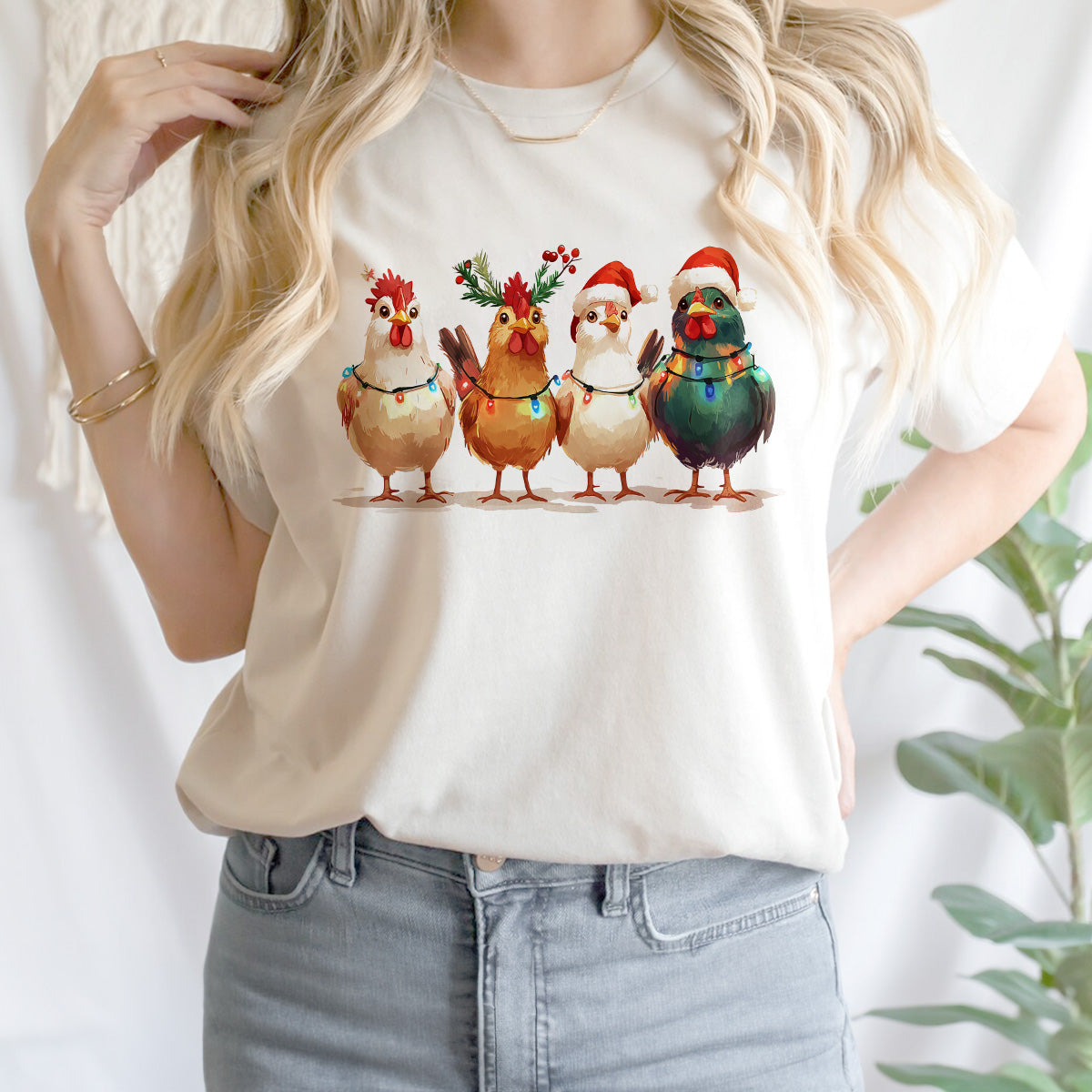 Teesdily | Christmas Chicken Light Shirt, Santa Chicken T-shirt, Farm Animal Sweatshirt, Christmas Farm Hoodie Mug, Chicken Lover Gift