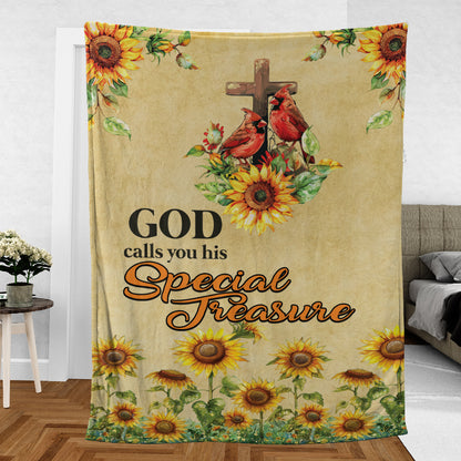 Teesdily | God Calls You His Special Treasure Fleece Blanket, Cardinal Sunflower Jesus Throw Blanket, Christ Faith Religious Gift