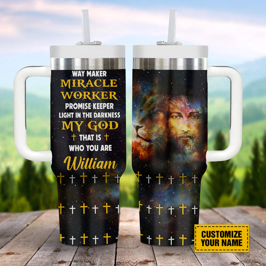 Teesdily | Customized Jesus Lion Of Judah 40 oz Tumbler, Way Maker Miracle Worker Stainless Steel Cup, God Believer Gifts 40oz Tumbler With Handle