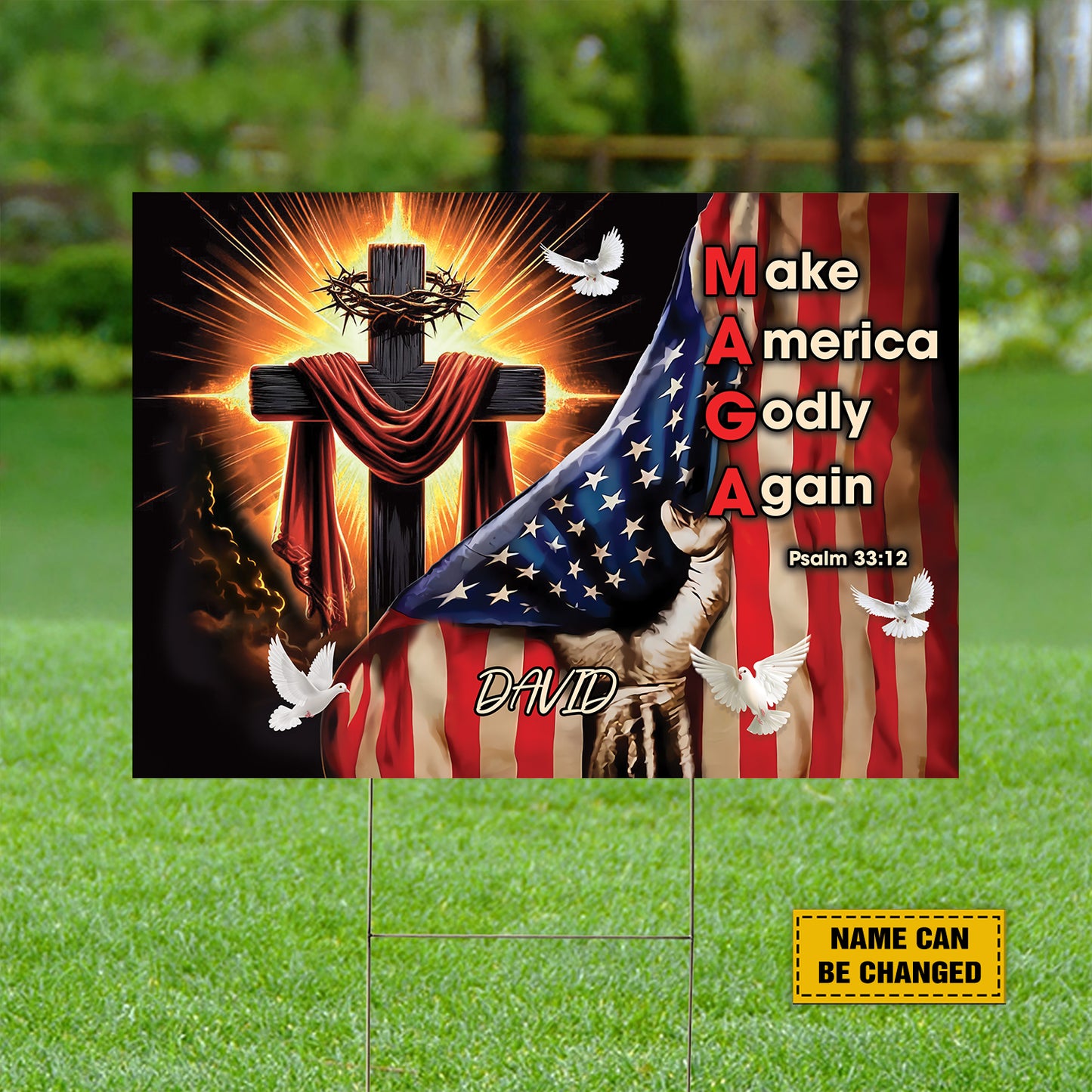 Teesdily | Customized Jesus Cross American Flag Yard Sign, Make America Godly Again Psalm 33 12 Outdoor Sign, Christian Art Lawn Sign, Garden Decor