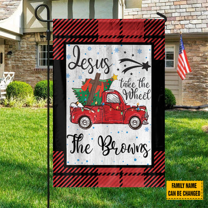 Teesdily | Customized Jesus Take The Wheel Christmas Garden Flag, Red Truck Car Christmas Tree House Flag, Christ Cross Home Flag