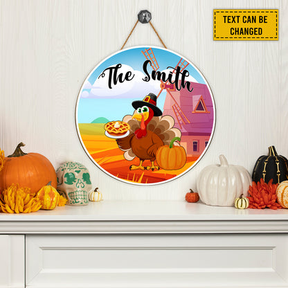 Teesdily | Customized With Turkey Bird In Pilgrim Hat Holds Sweet Pie And Stands Near Big Pumpkin Thanksgiving Gift Front Door Sign