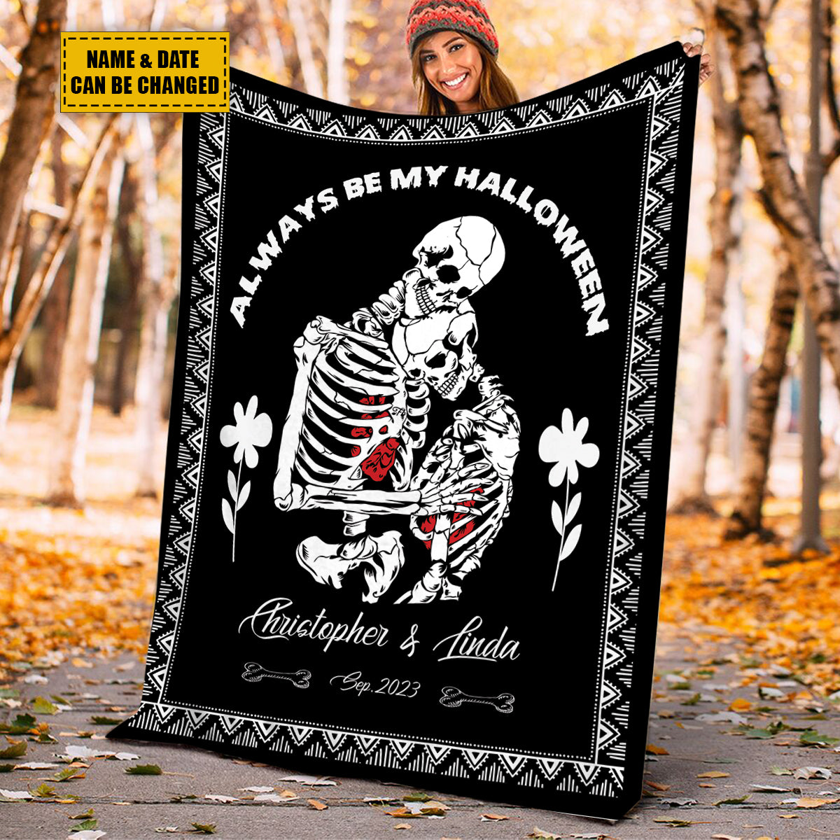 Teesdily | Skeleton Couple Custom Name Blanket Skeleton Halloween Throw Blankets Customized Commemorate Date Blanket Spooky Skull Decor Custom Gifts