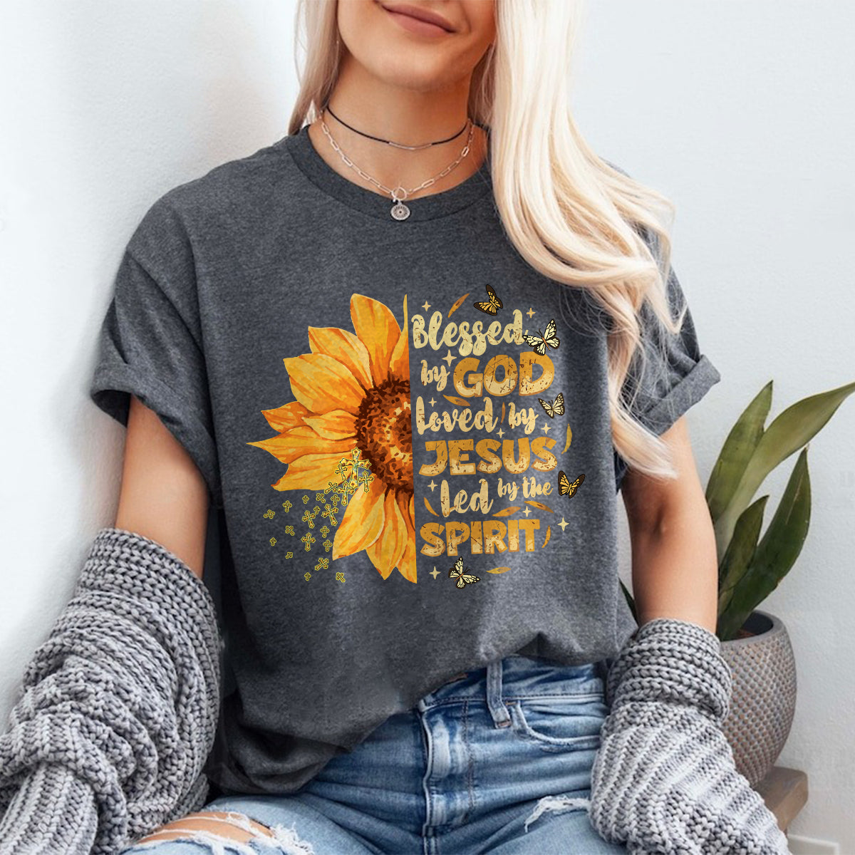 Teesdily | Jesus Christ Sunflower Tshirt, Blessed By God Loved By Jesus Sweatshirt Hoodie Mug, Jesus Cross Butterfly Shirt, Christian Girl Gifts