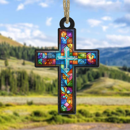 Teesdily | Customized Suncatcher Style, Jesus Cross Suncatcher Christmas Ornament, Xmas Home Decoration, Jesus Lovers Gift, God Faith Believers Gifts