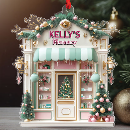 Teesdily | Customized Pink Pharmacy Drug Store, Cute 2D Flat Cosmetic Store Christmas Ornament, Pharmacist Gift, Beauty Store Gift