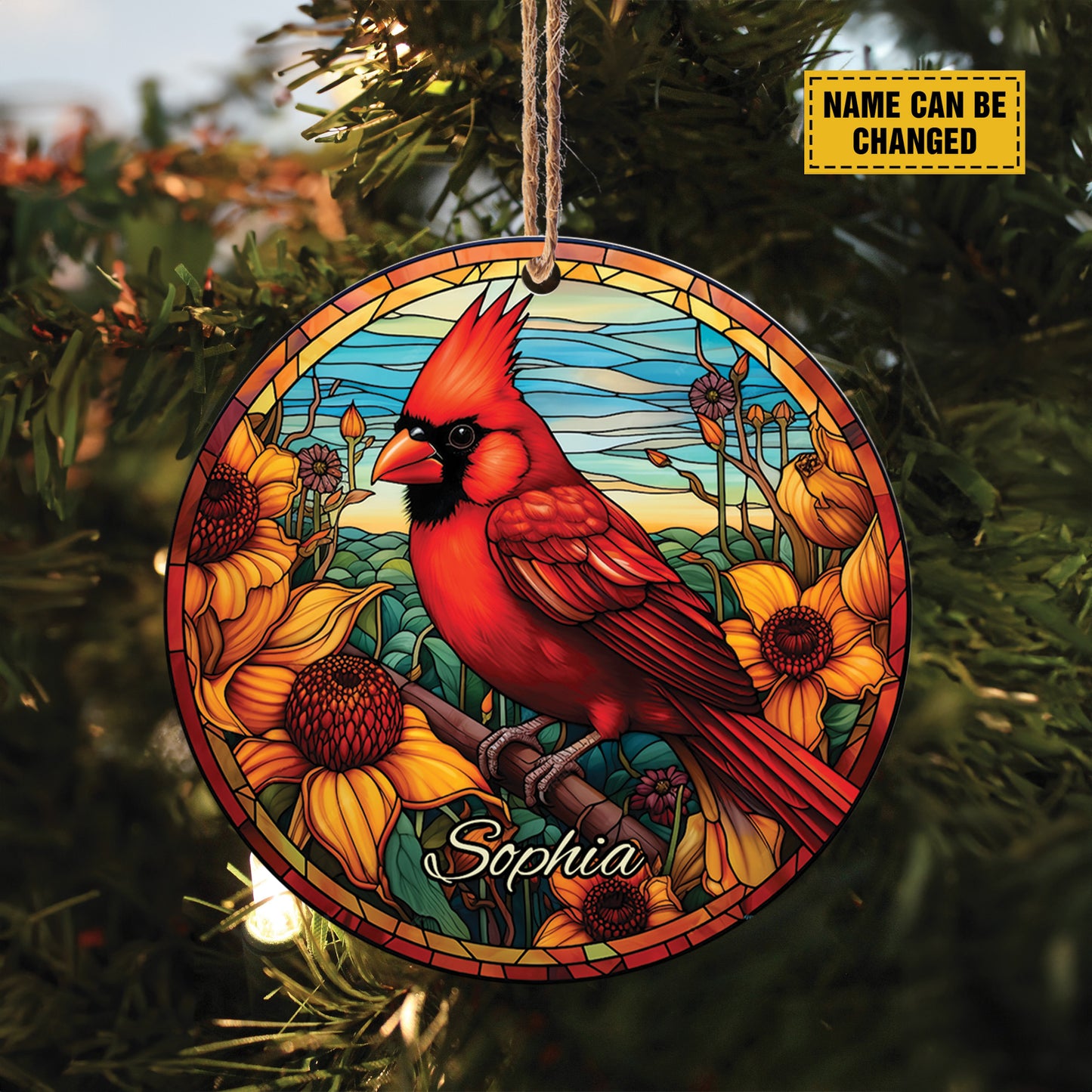 Teesdily | Personalized Cardinal Ceramic Ornament Car Hanging, Christmas Ornament Stained Glass Red Bird Acrylic Ornament, Xmas Gift Family Member