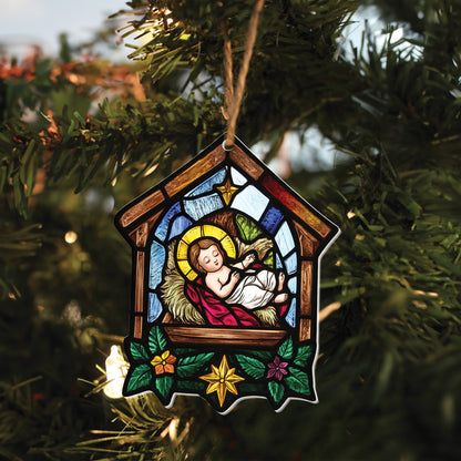 Teesdily | Jesus Nativity Christmas Ornament, Jesus Baby Birth Ornament, Christian Stained Glass Ornament 2D Flat, Christmas Gift