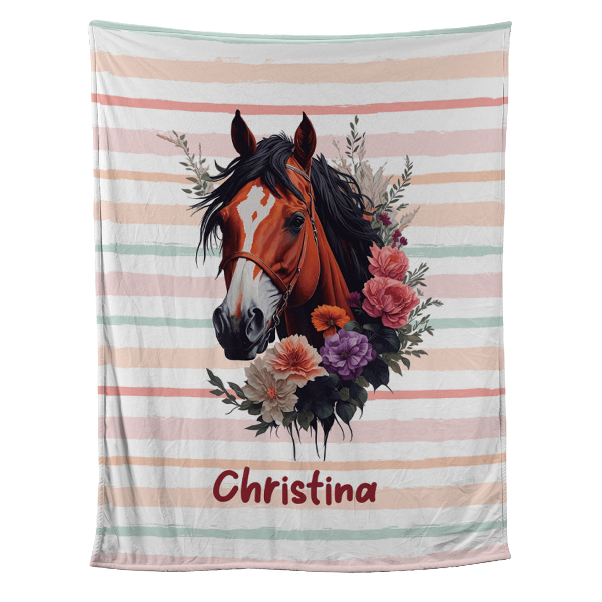 Teesdily | Customized Horse Flower Striped Pattern Fleece Blanket Throw Love Riding Horse Warm Throw Blanket Christmas Gift For Horse Lovers