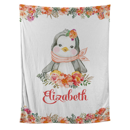 Teesdily | Customized Cute Penguin Floral Baby Blankets Chibi Animals Fleece Throw Blanket Baby Girl Kids Adult Bedding For Gifts Travel Christmas