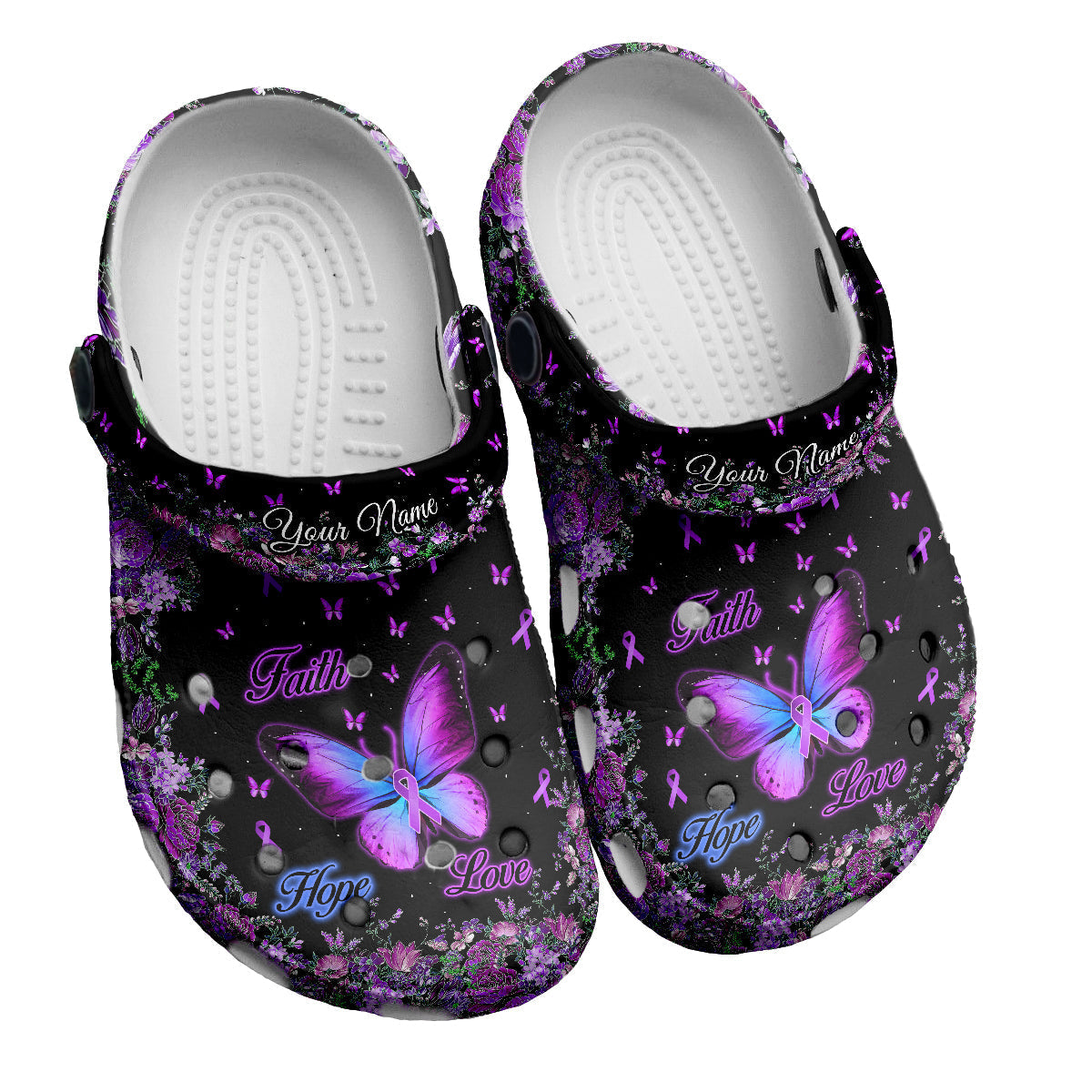 Teesdily | Breast Cancer Awareness Customized Clog Shoes, Faith Hope Love Butterfly Backstrap Clogs, Breast Cancer Fighter Gift Kid & Adult Eva Clogs