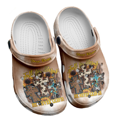 Teesdily | Fall For Jesus He Never Leaves Customized Clogs Shoes Gift For Jesus Lovers, God Faith Believers, Christian Gifts, Kid & Adult Unisex Clogs Shoes Eva