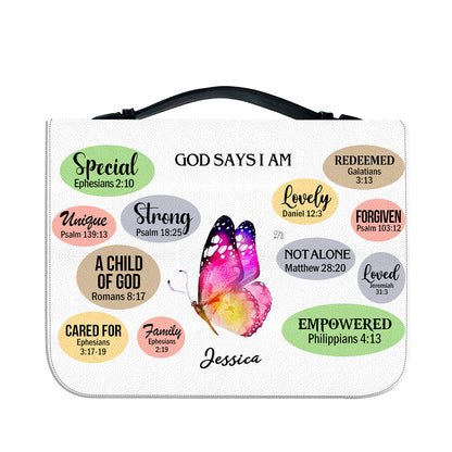 Teesdily | Personalized Butterfly God Inspiration Bible Bag, God Says I Am Bible Cover, Positive Gift For Christian Bible Cover With Handle