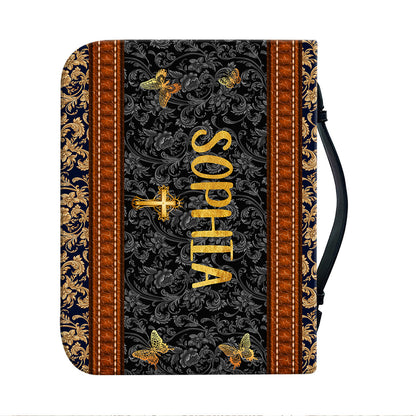 Teesdily | God Butterfly Retro Personalized Bible Cover, Jesus Is The Anchor Of My Soul, Jesus Faith Bible Bag, Religious Bible Cover With Handle