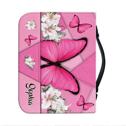 Teesdily | Personalized Butterfly Lilies Bible Case Pink, All Things Work Together For Good Bible Cover, Bible Covers For Girls, Bible Accessories