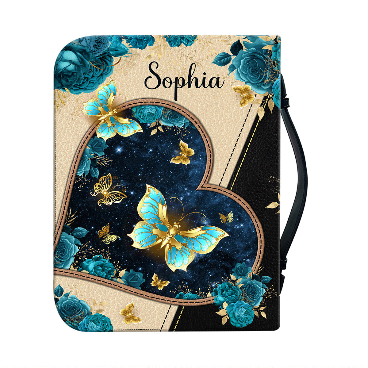 Teesdily | Personalized Butterfly Jewelry Leather Bible Cover, By His Wounds We Are Healed Bible Bags, Rose Bible Cover With Handle, Religious Gifts