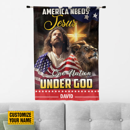 Teesdily | Customized Jesus Lion Of Judah American Flag Home, American Needs Jesus One Nation Under God House Garden Flag, Independence Day Gifts