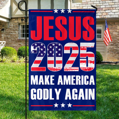 Teesdily | Jesus American Flag, Jesus 2024 Make America Godly Again House Garden Flag, Patriotic Flags, Independence Day Outdoor Decor Gifts