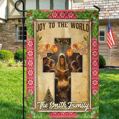 Teesdily | Custom Mary Nativity Jesus Christmas Flag, Joy To The World The Lord Is Come Garden Flag, Christ Cross House Flag Gift