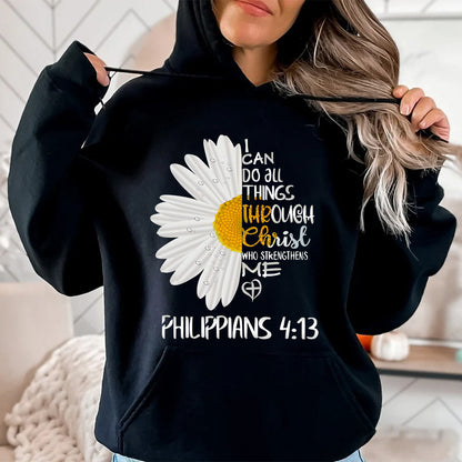 Teesdily | Jesus Christ Daisy Womens Tops, I Can Do All Things Through Christ Sweatshirt Hoodie Mug, God Bible Verse Graphic Tee, Christian Gift Ideas