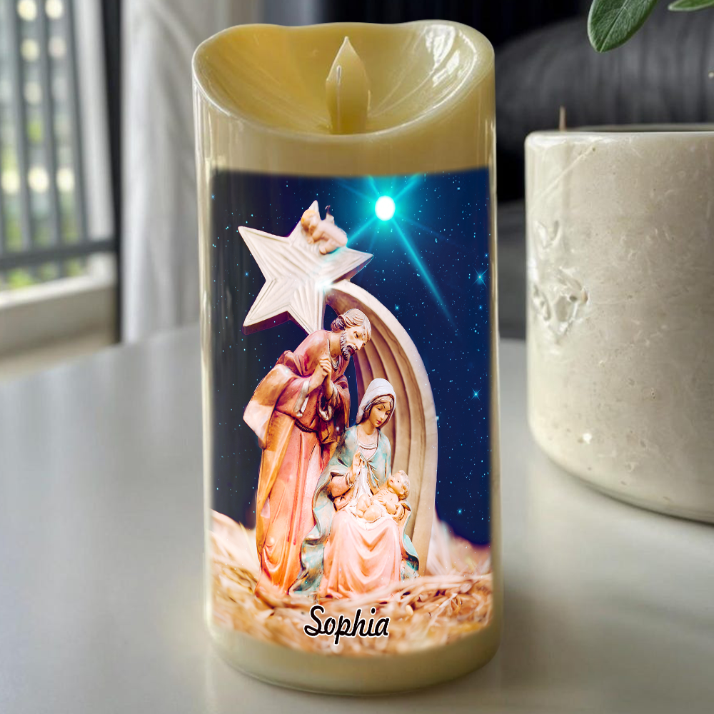 Teesdily | Customized Jesus Nativity LED Candle, Family Prayer Christmas Gift, Jesus Lover Gift, Xmas Gift, Christian Led Candle