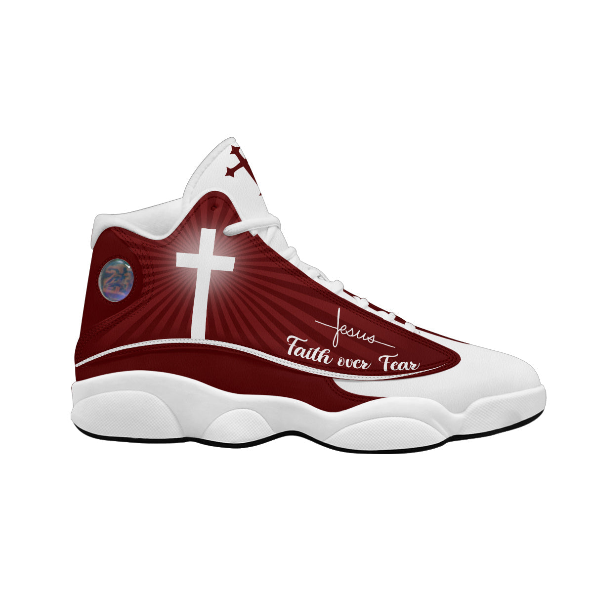 Teesdily | Jesus Faith Over Fear Basketball Shoes, Jesus Basketball Shoes Red Design, Gift For Jesus Lovers, Christian Gifts Unisex Basketball Shoes