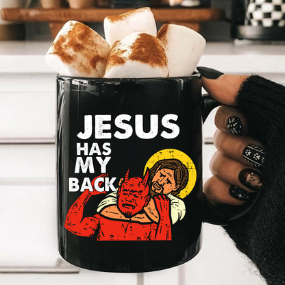 Teesdily | Jesus Red Devil Casual Shirt, Jesus Has My Back Hoodie Sweatshirt Mug, Bible Verse Pullover Religious Crewneck, Faith Based Apparel