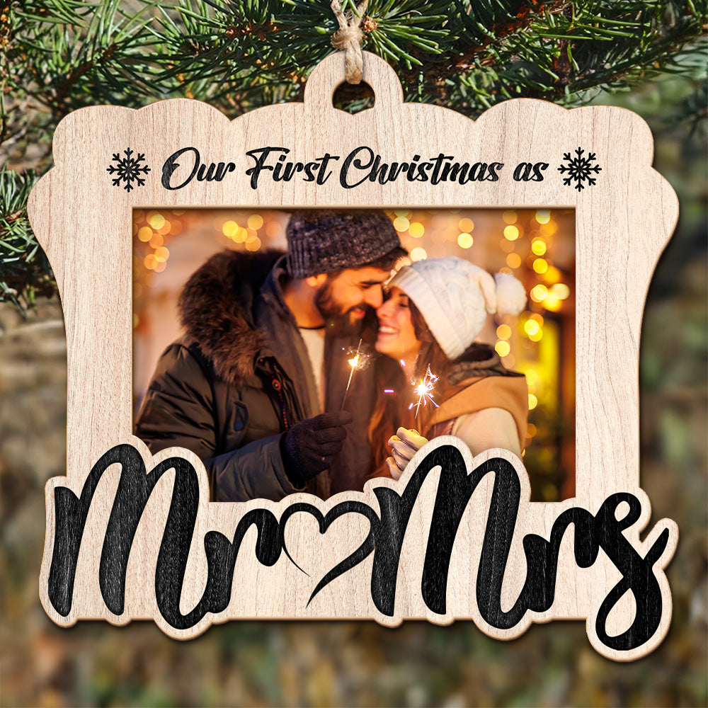 Teesdily | Personalized Our First Christmas As Mr Mrs 2 Layers Wooden Ornament, Wedding Couple Ornament Christmas Anniversary Gift