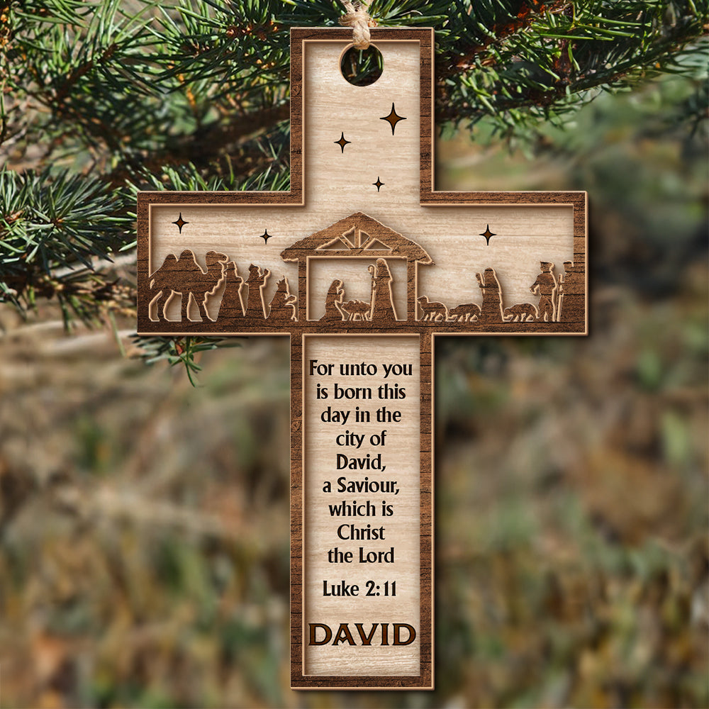 Teesdily | Customized Jesus Nativity Holy Night 2 Layered Wood Ornament, For Unto You Is Born A Savior Christmas Ornament