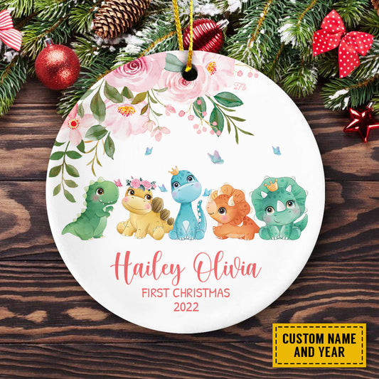 Teesdily | Dinosaur Baby First Christmas Car Pendant Hanging, Personalized Baby Christmas Ornament, Jungle Animal Christmas, Kid 1St Christmas Gifts