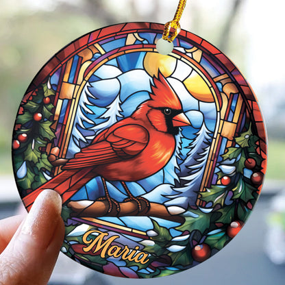 Teesdily | Personalized Cardinal Bird Stained Glass Art Design Circle Ceramic Ornament, Jesus Lovers Gifts, Christian Christmas Gifts, Xmas Decor