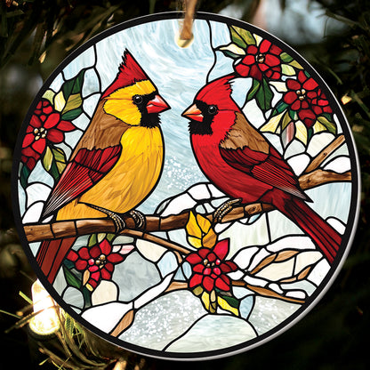 Teesdily | Couple Cardinal Ornament Christmas, Cardinal Stained Glass Acrylic 2D Ornament Christmas, Holiday Noel Ornament Gift